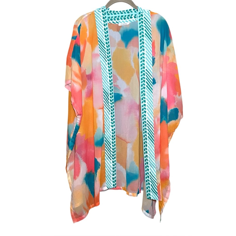 Chico’s Multi-Colored Printed Ruana Boho Kimono XXL Lightweight Chiffon